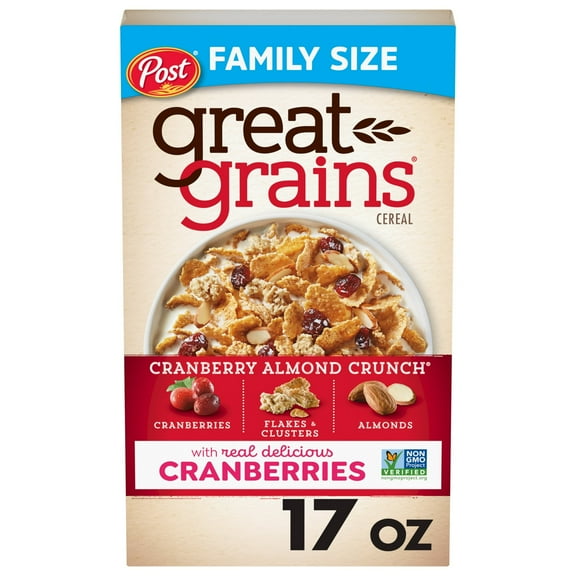 Post Great Grains Cranberry Almond Crunch Cereal, Non GMO, Heart Healthy, Low Fat, Whole Grain, Crunchy 17oz (Pack 6)