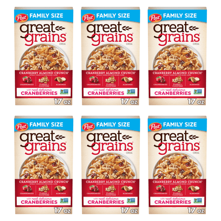 Post Great Grains Cranberry Almond Crunch Cereal, Non GMO, Heart Healthy, Low Fat, Whole Grain, Crunchy 17oz (Pack 6)