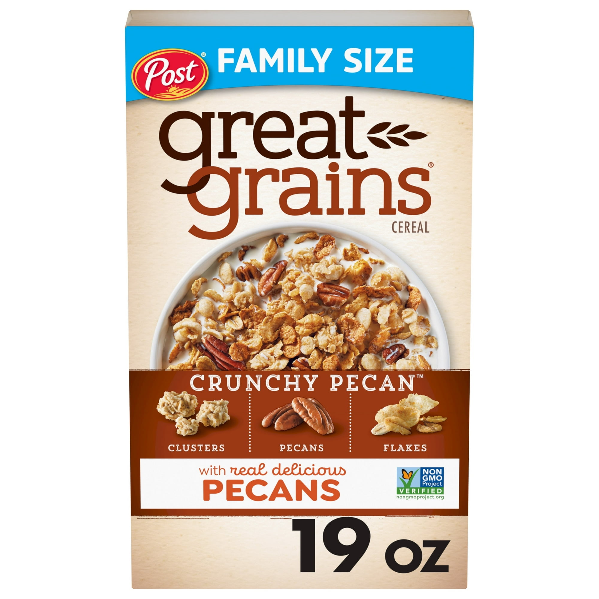 Post Great Grains Crunchy Pecan Breakfast Cereal, Non GMO, Heart Healthy, Low Fat, Whole Grain, 19oz (Pack 6)