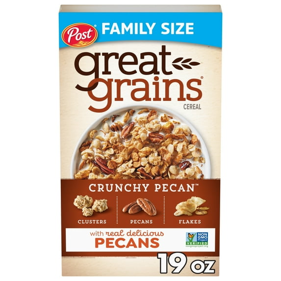 Post Great Grains Crunchy Pecan Breakfast Cereal, Non GMO, Heart Healthy, Low Fat, Whole Grain, 19oz