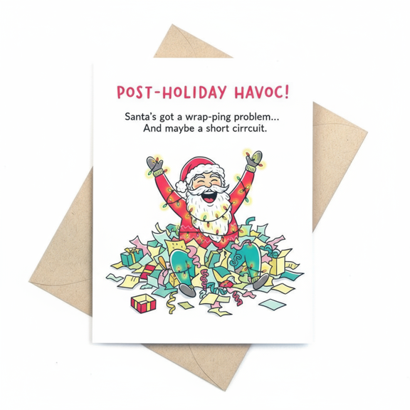 Post-Holiday Havoc Greeting Card  Hilarious Santa with Wrapping Problems  Blank Inside for Personal Messages  Includes Envelope  Perfect for Christmas Humor
