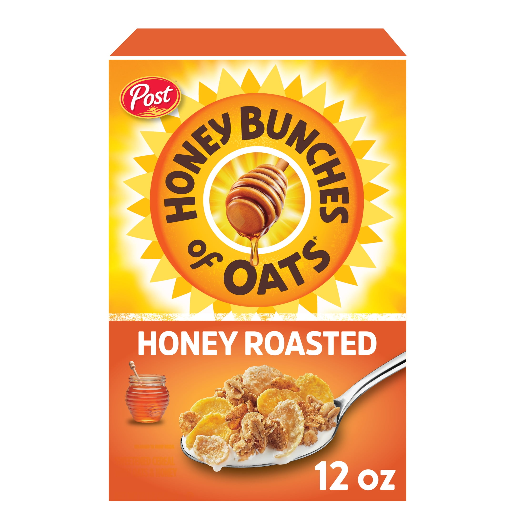 Post Honey Bunches of Oats Honey Roasted, Crunchy Breakfast Cereal, 12 oz Box pack of 4