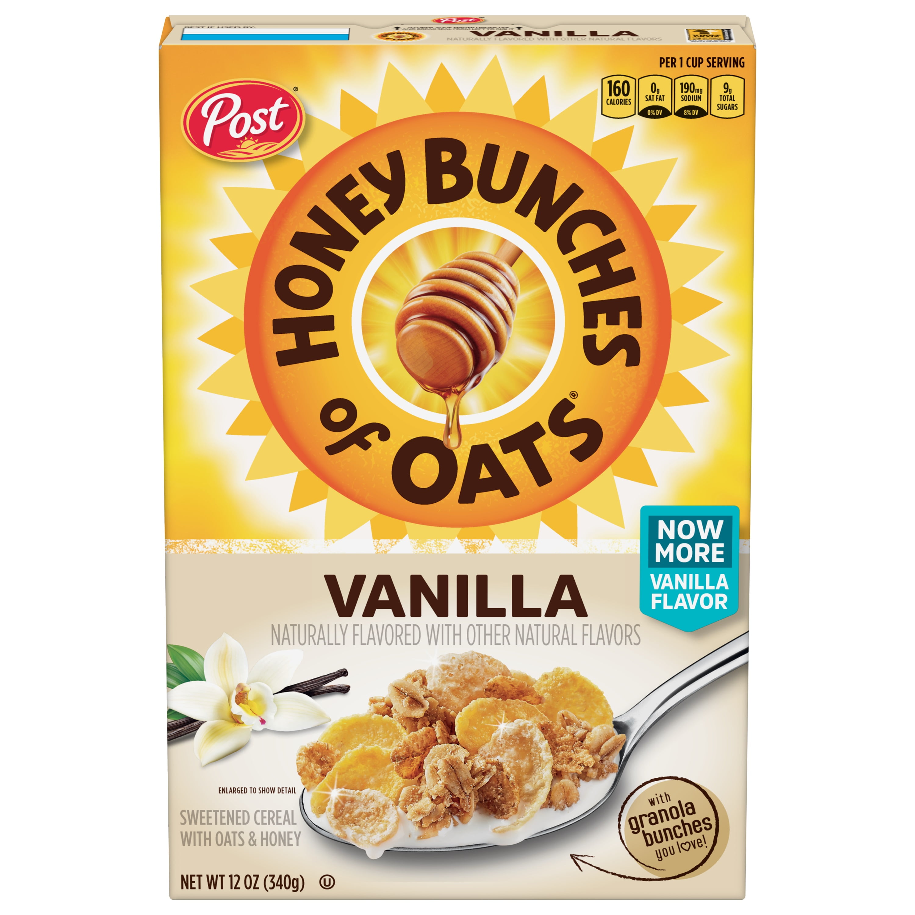 Post Honey Bunches of Oats Vanilla Breakfast Cereal, Vanilla Cereal with Granola Clusters, 12 OZ