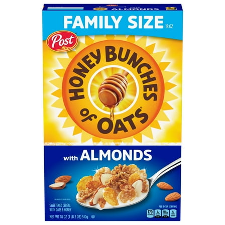 Honey Bunches of Oats with Almonds, Almond Breakfast Cereal, Family Size 18 oz Box
