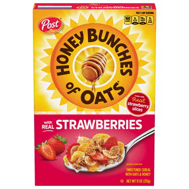 Post Honey Bunches of Oats with Strawberries Breakfast Cereal, Crunchy, 11 oz, Cardboard Box