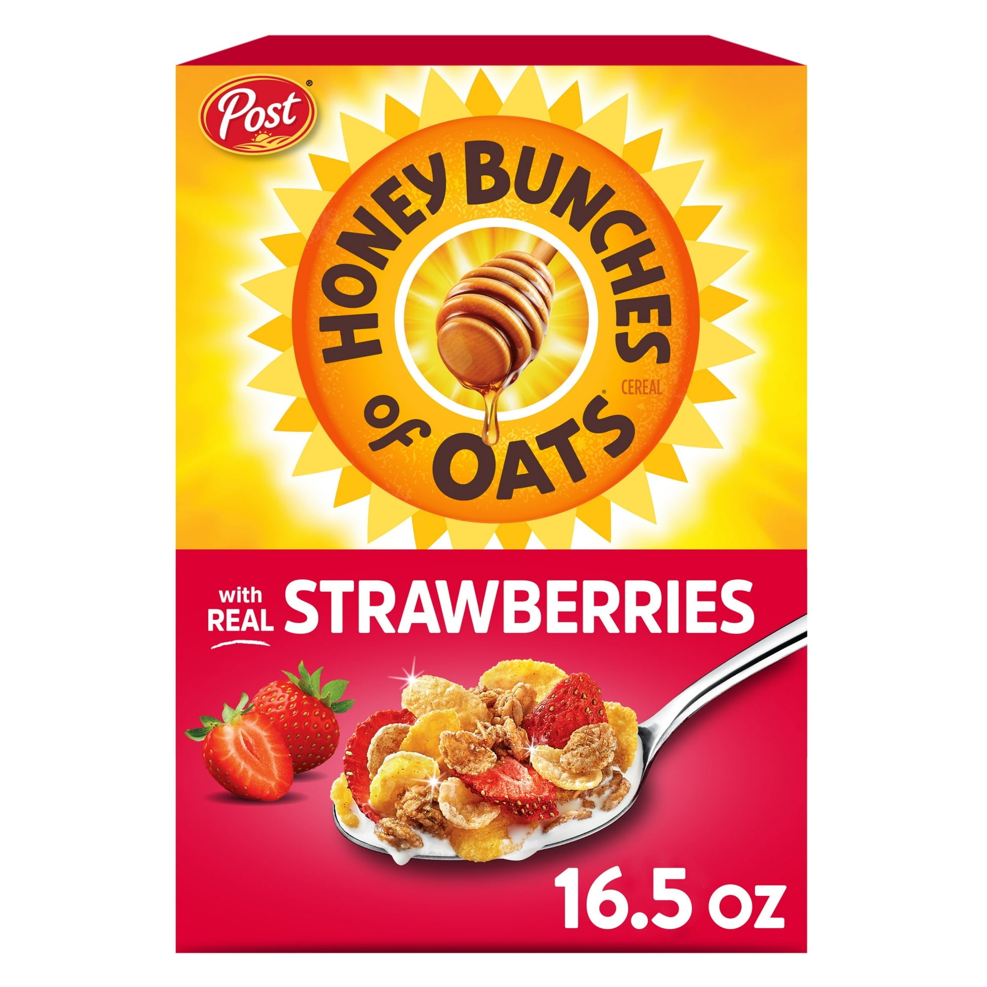 Post Honey Bunches of Oats with Strawberries Cereal, Crunchy Honey & Strawberry Breakfast Cereal, 16.5oz (Pack 4)