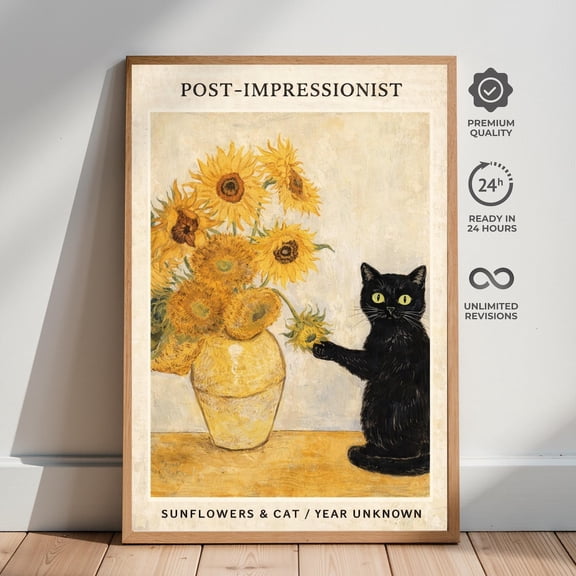 Post-Impressionist Cat Sunflower Van Gogh Inspired Museum Decor Style, Unframed Poster