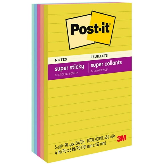 Post-it Super Sticky Notes 4"x6" Summer Joy Collection Lined 90 Sheet/Pad 5 Pads