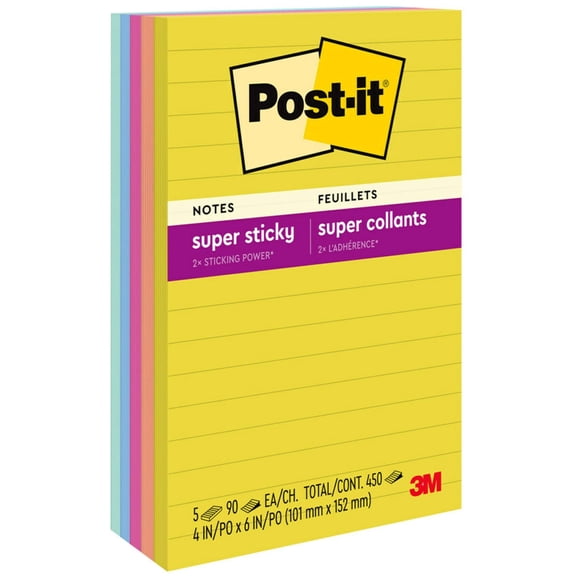 Post-it® Super Sticky Notes, 4 x 6 in, 5 Lined Sticky Note Pads, 90 Sheets/Pad, 2X the Sticking Power, School Supplies and Office Products, Summer Joy
