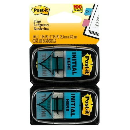 Post-It Message Flags, "Initial Here", Blue, 1 in. Wide, 50/Dispenser, 2 Dispensers/Pack