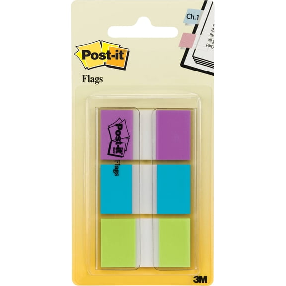 Post It Post-It Flags, Purple, Blue, Green, .94 In. Wide, 60/On-The-Go Dispenser, 1 Dispenser/Pack
