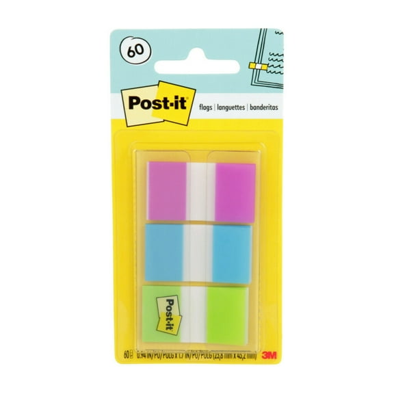 Post It Post-It Flags, Purple, Blue, Green, .94 In. Wide, 60/On-The-Go Dispenser, 1 Dispenser/Pack