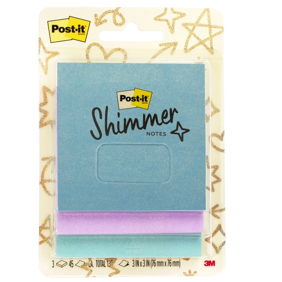 Post-it Shimmer Sticky Notes, 3in x 3 in, Blue Paradise, Iris Infusion & Aqua Splash Glitter Notes, 3 Pads
