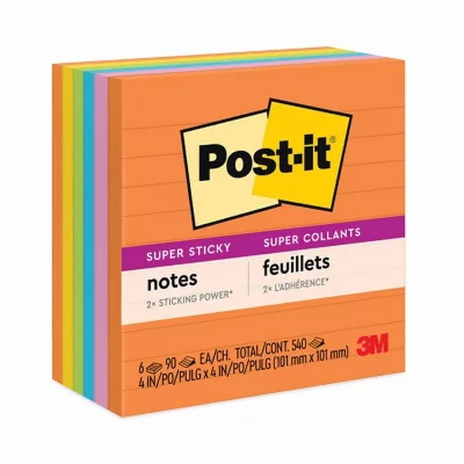 Post-It Super Sticky Notes, 4 X 4, Lined, 90 Sheet Pads, 6 Pads, Jewel Pop Collection