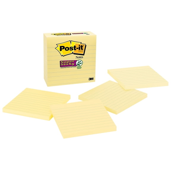 Post-it Super Sticky Notes - Pkg of 4, 4" x 4", Canary Yellow, Lined