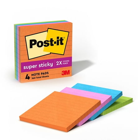 Post-It Super Sticky Notes 4"X4" 4/Pkg-Lined Jewel Pop W/90 Sheets
