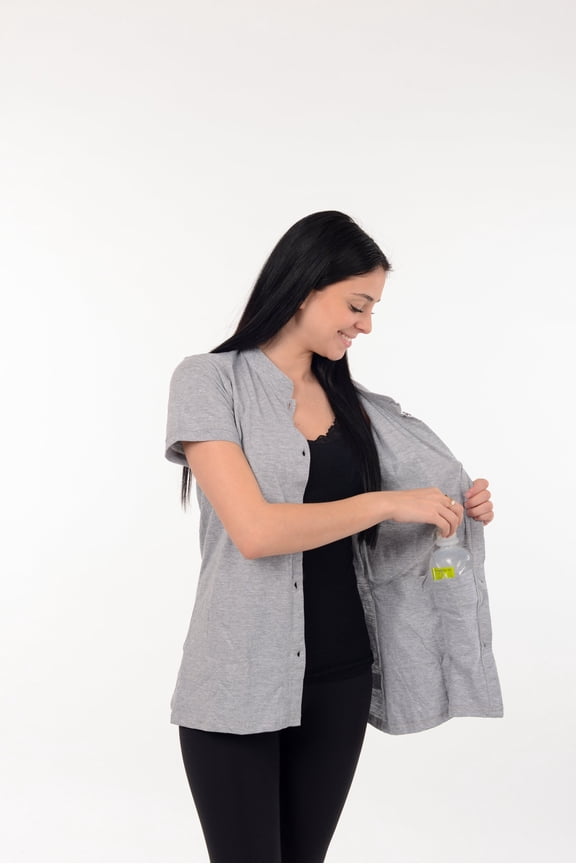 Post Mastectomy Band collar shirt with Drain pockets Camisole for Drain Management Systems Color: Gray, Size: Medium