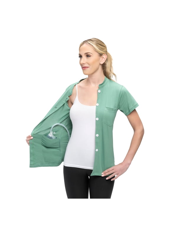 Post Mastectomy Band collar shirt with Drain pockets Camisole for Drain Management Systems Color: Olive, Size: X-Large