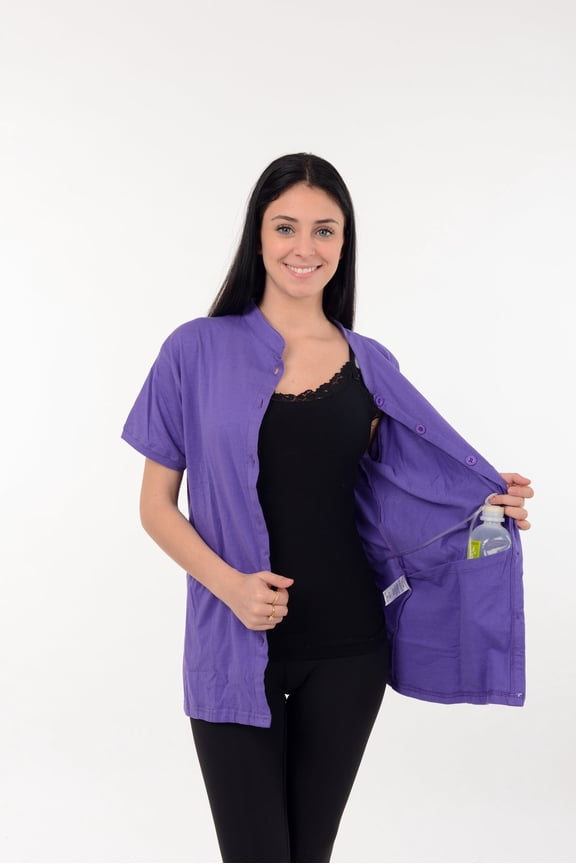 Post Mastectomy Band collar shirt with Drain pockets Camisole for Drain Management Systems Color: Purple, Size: XX-Large