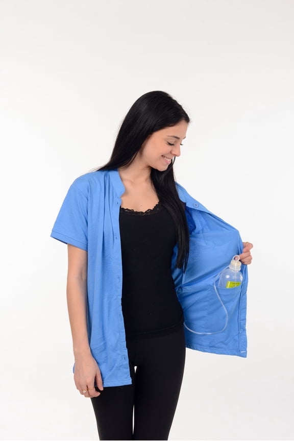 Post Mastectomy Band collar shirt with Drain pockets Camisole for Drain Management Systems Size: Medium, Color: Sky Blue