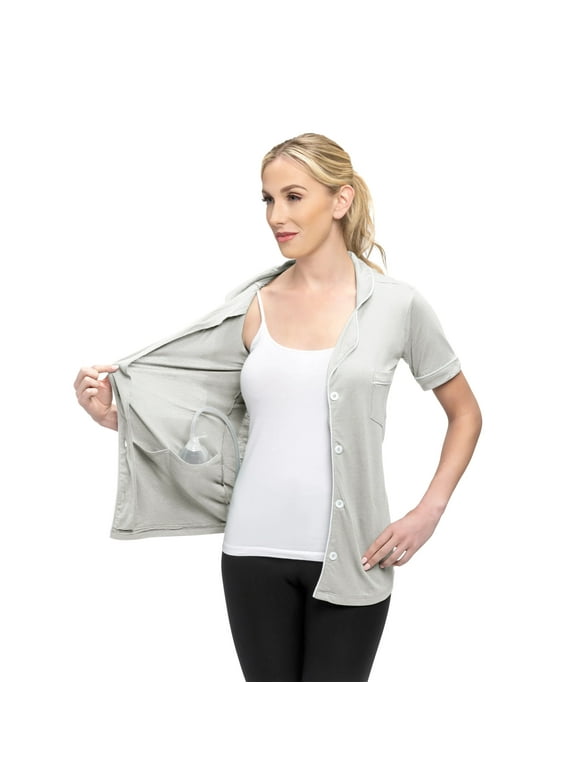 Post Mastectomy Surgery Recovery Shirt Lapel Collar Camisole With Drain Pockets Color: Gray, Size: Medium