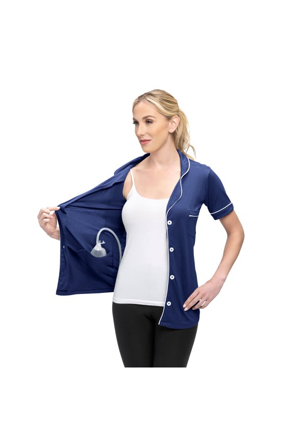 Post Mastectomy Surgery Recovery Shirt Lapel Collar Camisole With Drain Pockets Color: Navy, Size: Small