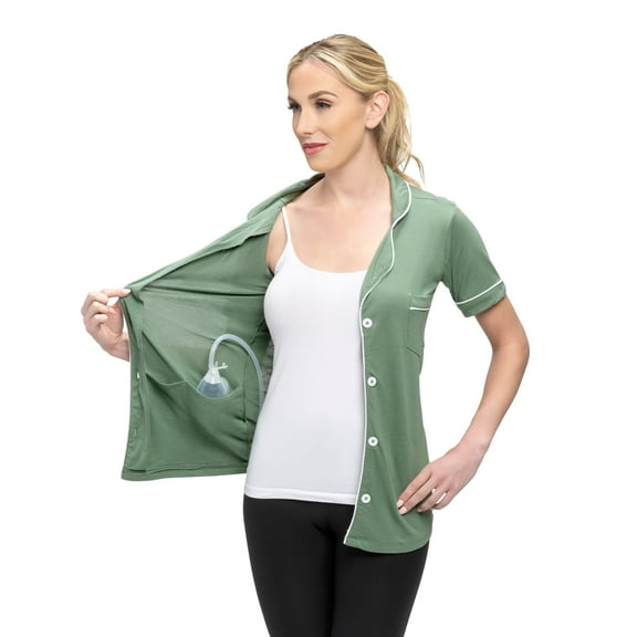 Post Mastectomy Surgery Recovery Shirt Lapel Collar Camisole With Drain Pockets Color: Olive, Size: Medium