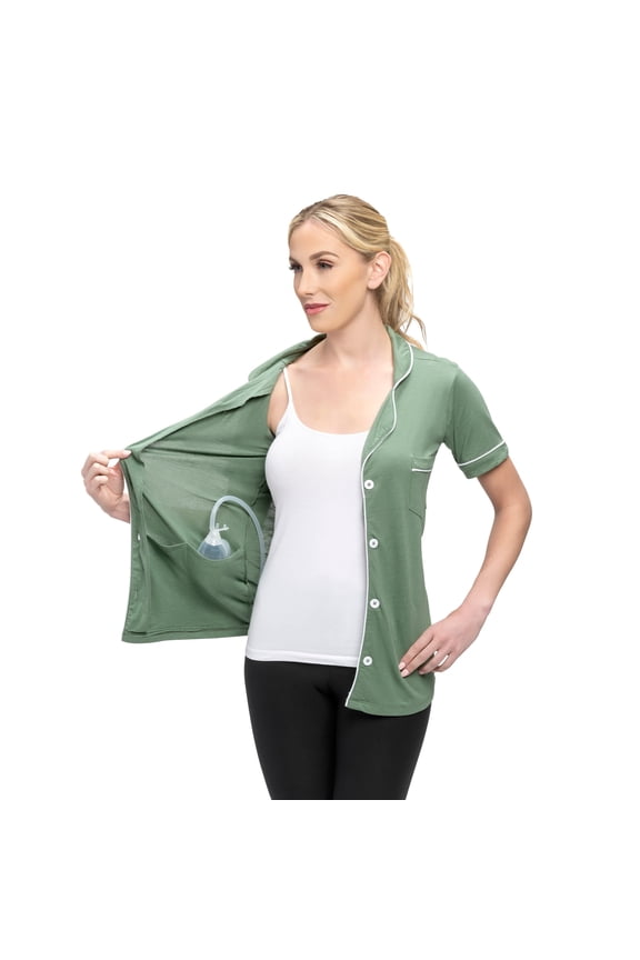 Post Mastectomy Surgery Recovery Shirt Lapel Collar Camisole With Drain Pockets Color: Olive, Size: Small