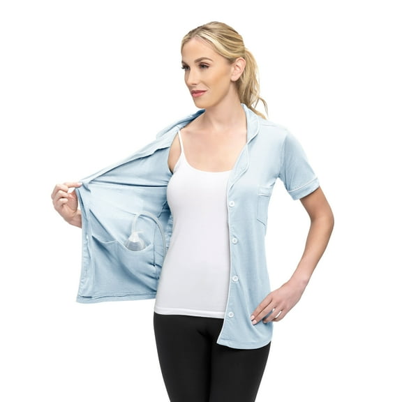 Post Mastectomy Surgery Recovery Shirt Lapel Collar Camisole With Drain Pockets Color: Sky Blue, Size: Medium