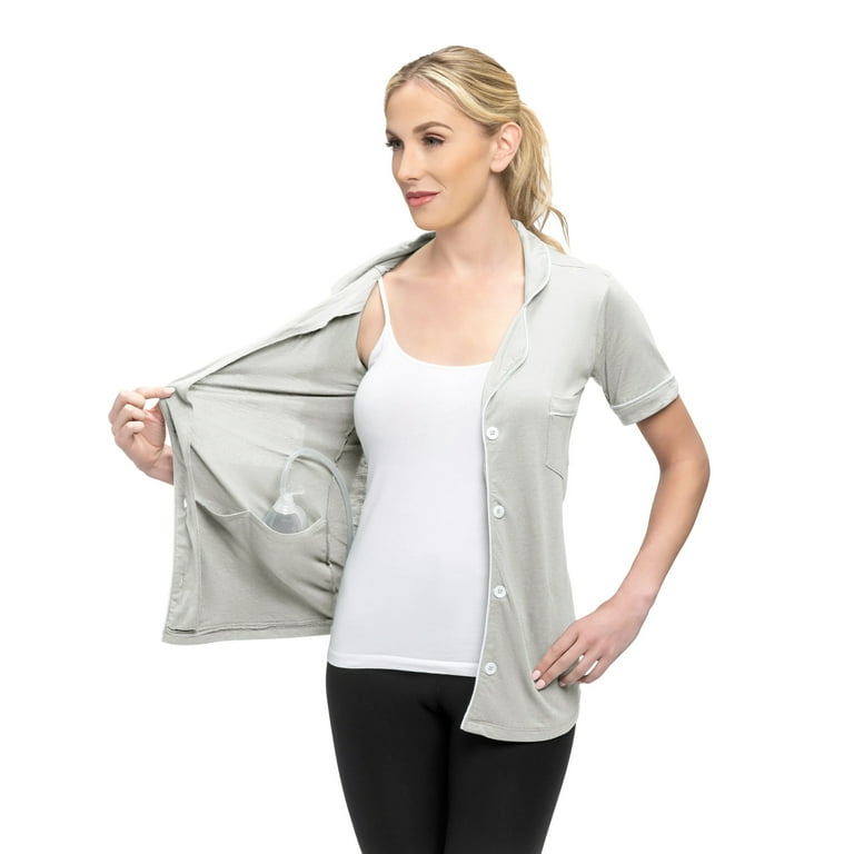 Post Mastectomy Surgery Recovery Shirt Lapel Collar Camisole With Drain  Pockets Size: 2XL, Color: Gray