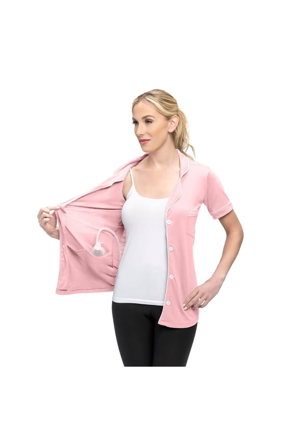 Post Mastectomy Surgery Recovery Shirt Lapel Collar Camisole With Drain Pockets Size: Medium, Color: Pink