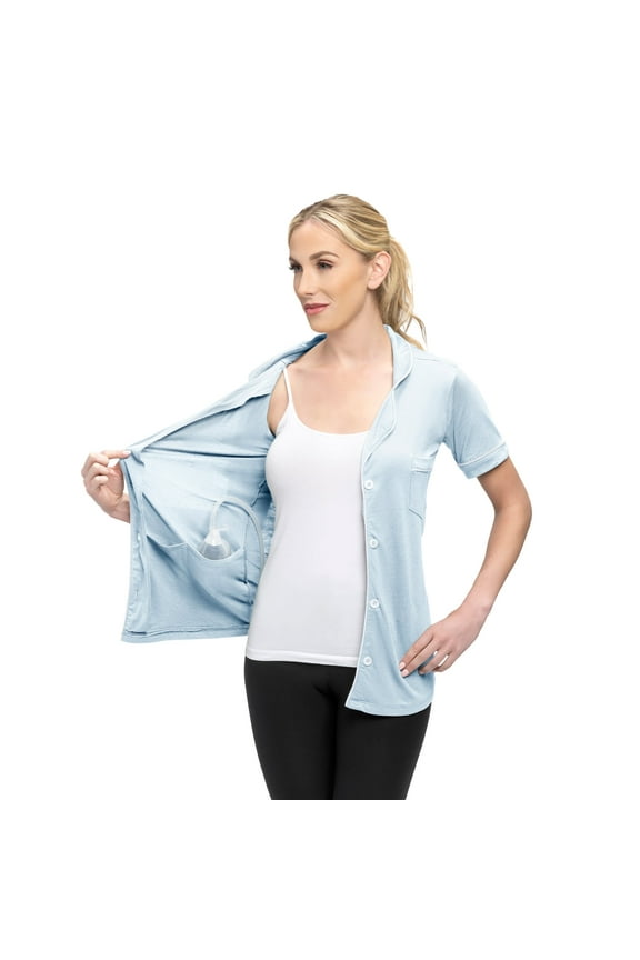 Post Mastectomy Surgery Recovery Shirt Lapel Collar Camisole With Drain Pockets Size: Small, Color: Sky Blue
