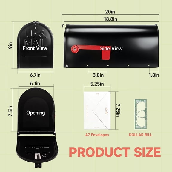 Post Mount Mailbox - Black, 18.8 x 9 x 6.7 Inches