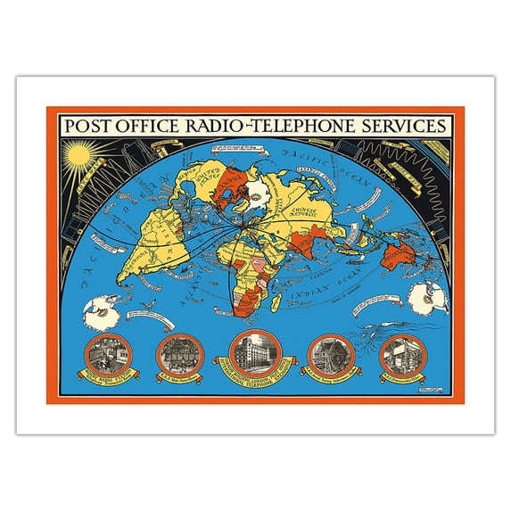 Post Office International Radio-Telephone Services - Vintage Pictorial Map by MacDonald (Max) Gill c.1935 - Bamboo Fine Art 290gsm Paper (Unframed) 12x16in