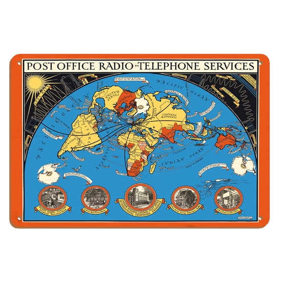 Post Office International Radio-Telephone Services - Vintage Pictorial Map by MacDonald (Max) Gill c.1935 - 8 x 12 inch Vintage Wood Art Sign