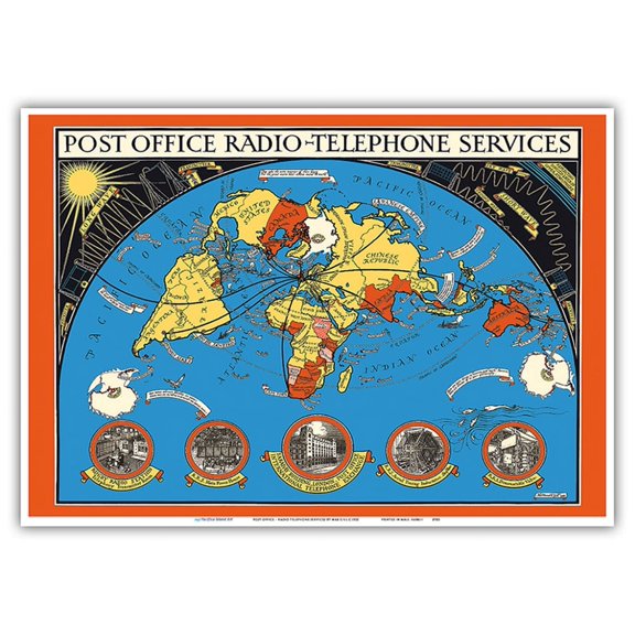 Post Office International Radio-Telephone Services - Vintage Pictorial Map by MacDonald (Max) Gill c.1935 - Master Art Print 10in x 14in