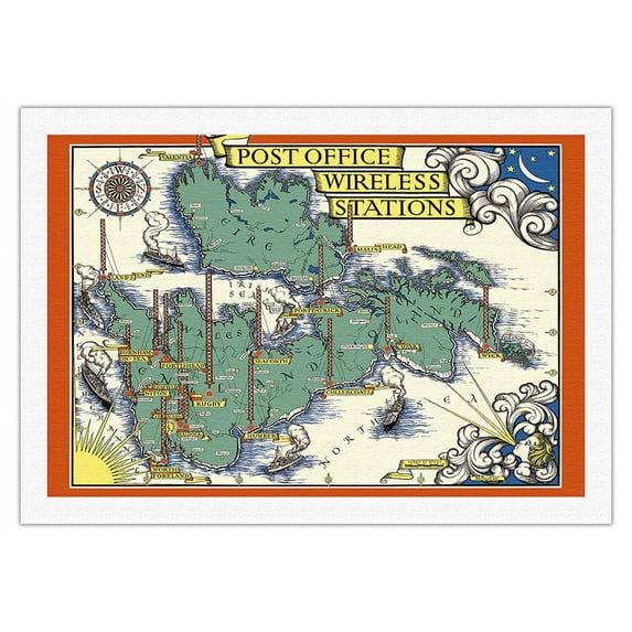 Post Office Wireless Stations in Great Britain England - Vintage Pictorial Map by MacDonald (Max) Gill c.1938 - Fine Art Rolled Canvas Print 27in x 40in
