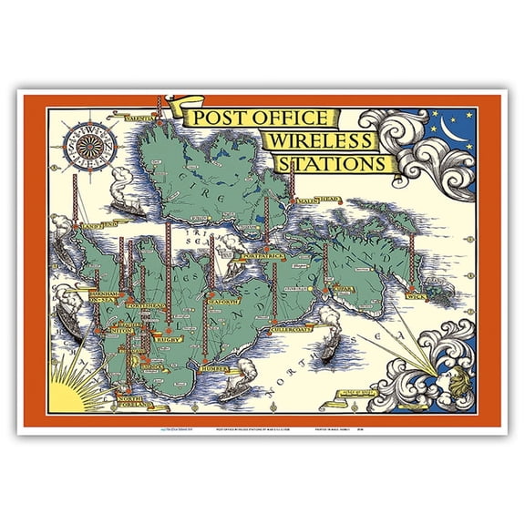 Post Office Wireless Stations in Great Britain England - Vintage Pictorial Map by MacDonald (Max) Gill c.1938 - Master Art Print 10in x 14in