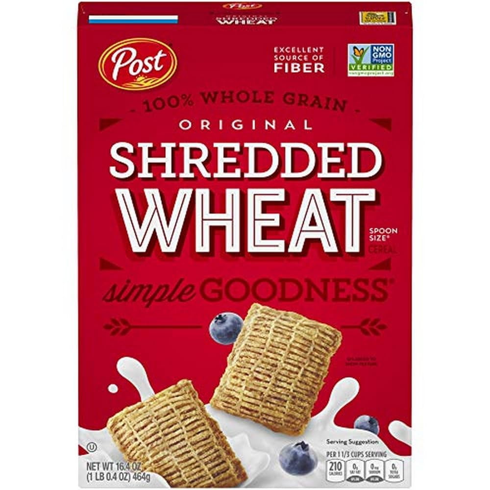 Post Original Shredded Wheat, Whole Grain, Non-Gmo, Heart Healthy Breakfast Cereal, Box, 16.4 Ounce (Pack Of 6)