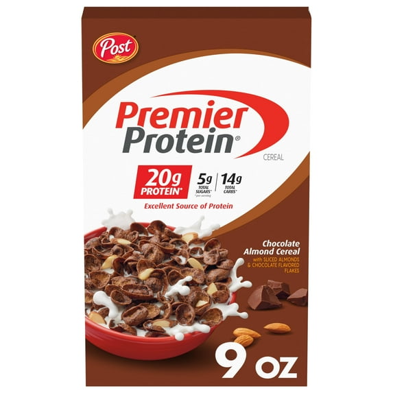 Post Premier Protein Chocolate Almond Cereal, Chocolatey Protein Cereal Flakes with Sliced Almonds, Contains 20g of Protein Per Serving, 9 OZ Box RDD7
