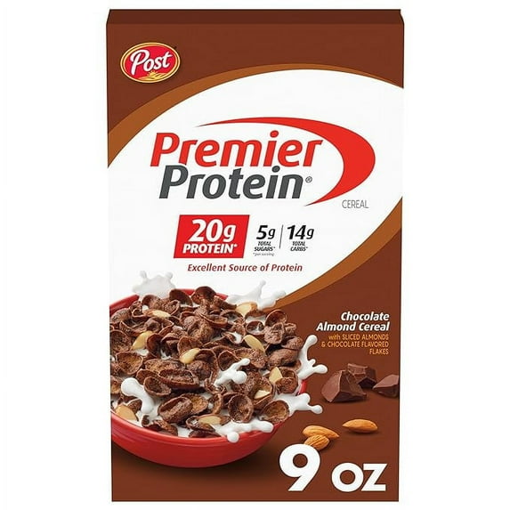 Post Premier Protein Chocolate Almond Cereal, Chocolatey Protein Cereal Flakes with Sliced Almonds, Contains 20g of Protein Per Serving, 9 OZ Box RDD7