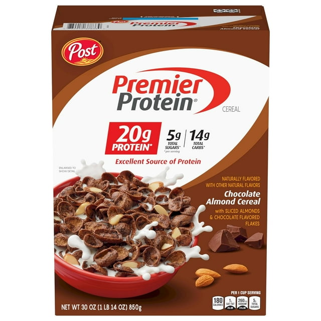 Post Premier Protein Chocolate Almond cereal, high proteinrich