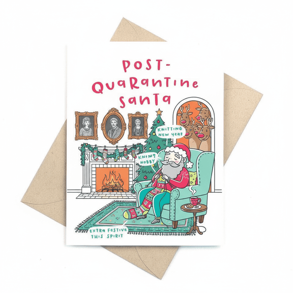 Post-Quarantine Santa Greeting Card Fun Christmas Card Featuring Santa Knitting Blank Inside for Personal Messages Includes Envelope Perfect Holiday Card for Family and Friends