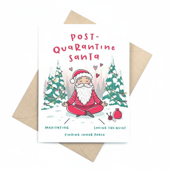 Post-Quarantine Santa Greeting Card Hilarious Holiday Card with Santa Meditating Blank Inside, Envelope Included Perfect for Christmas Cheer and Connection