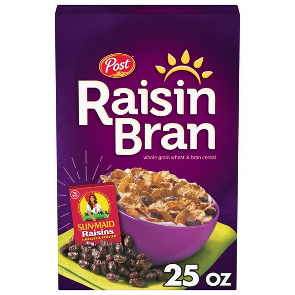 Post Raisin Bran Crunchy Cereal, Bran Flakes Breakfast Cereal, Made with Sun-Maid Raisins, 25 oz Box