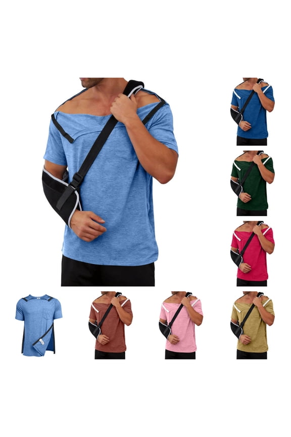 Post Shoulder Surgery Recovery Shirts Men, Tear Away Full Side Snap Short Sleeve Adaptive Tops for Dialysis Chemotherapy Port Access Daily Use Sky Blue M