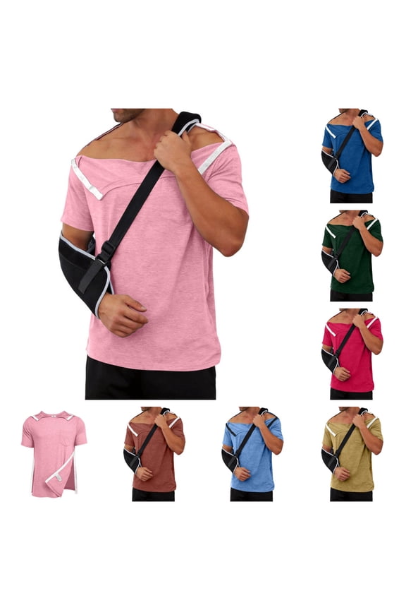 Post Shoulder Surgery Recovery Short Sleeve Shirts Men, Full Side Snap Tear Away Adaptive Tops Designed for Chemo Port Access and Post-op Daily Wear Pink 2XL