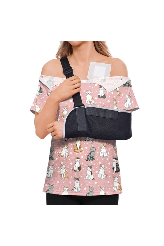 Post Shoulder Surgery Shirt, Women's Short Sleeve Shirt with Premium Snap, Chemo Clothing