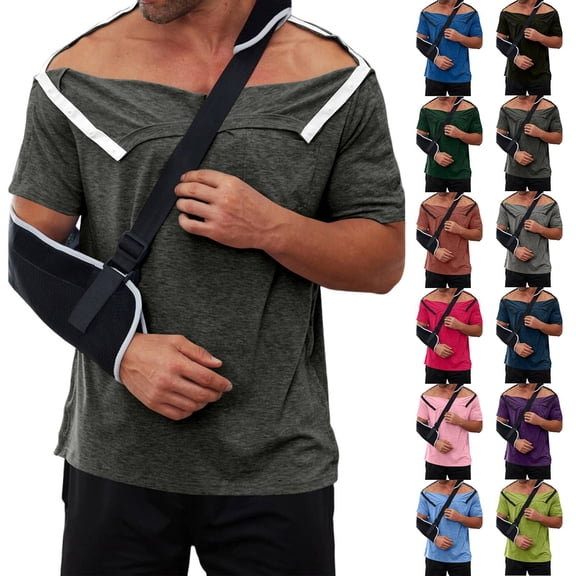 Post Shoulder Surgery Shirts for Men Full Snap Open Tear Away Short Sleeve T Shirt Chemo Port Access Tee Rotator Cuff Surgery Dark Gray M
