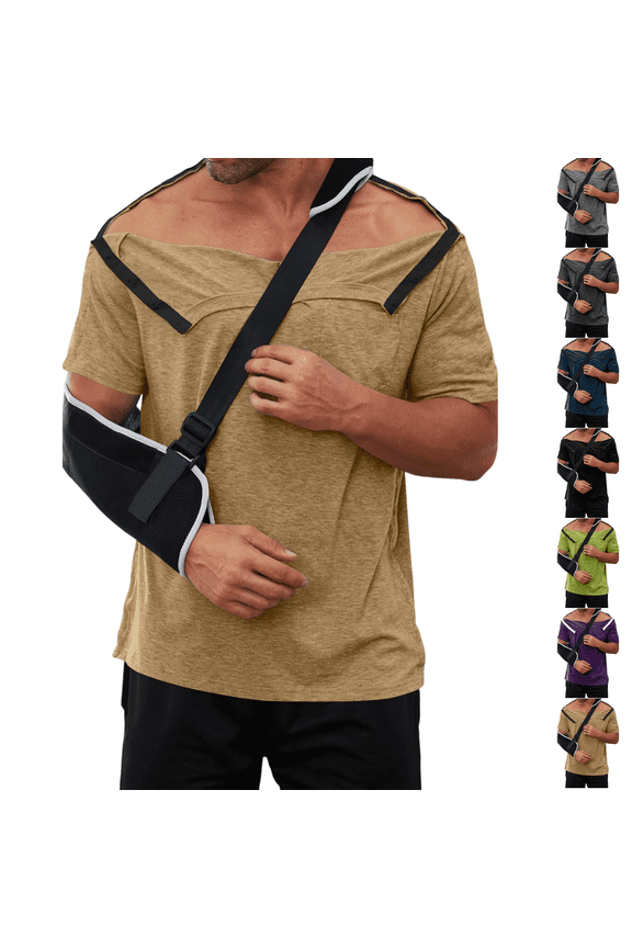 Post Shoulder Surgery Shirts for Men Full Snap Open Tear Away Short Sleeve T Shirt Chemo Port Access Tee Rotator Cuff Surgery Khaki S